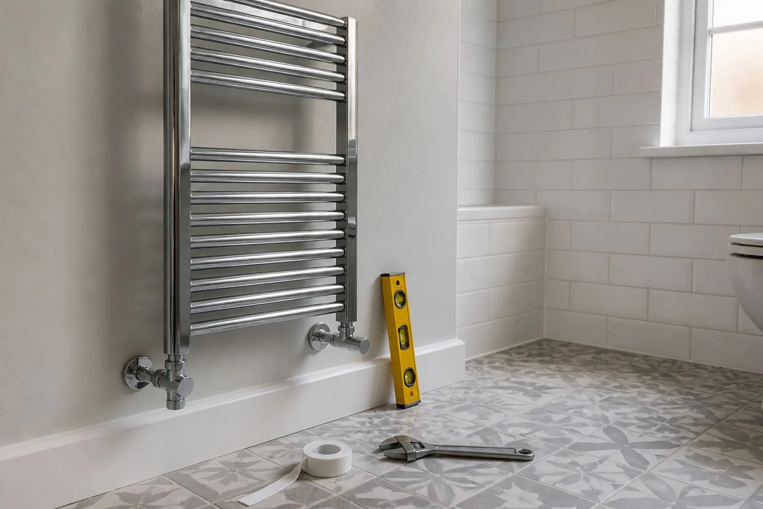 Heated towel rail newly fitted in a bathroom