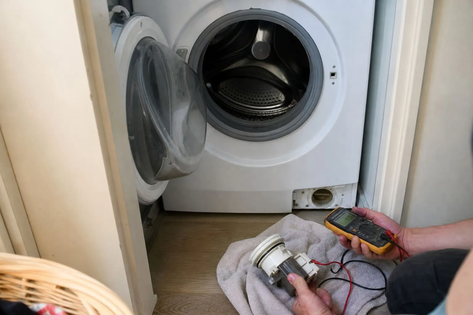 Washing machine with door open during a domestic repair visit